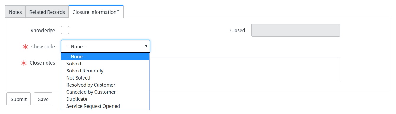Close Codes Options