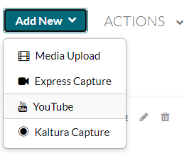 Screenshot of the Add New dropdown menu with the YouTube option highlighted.
