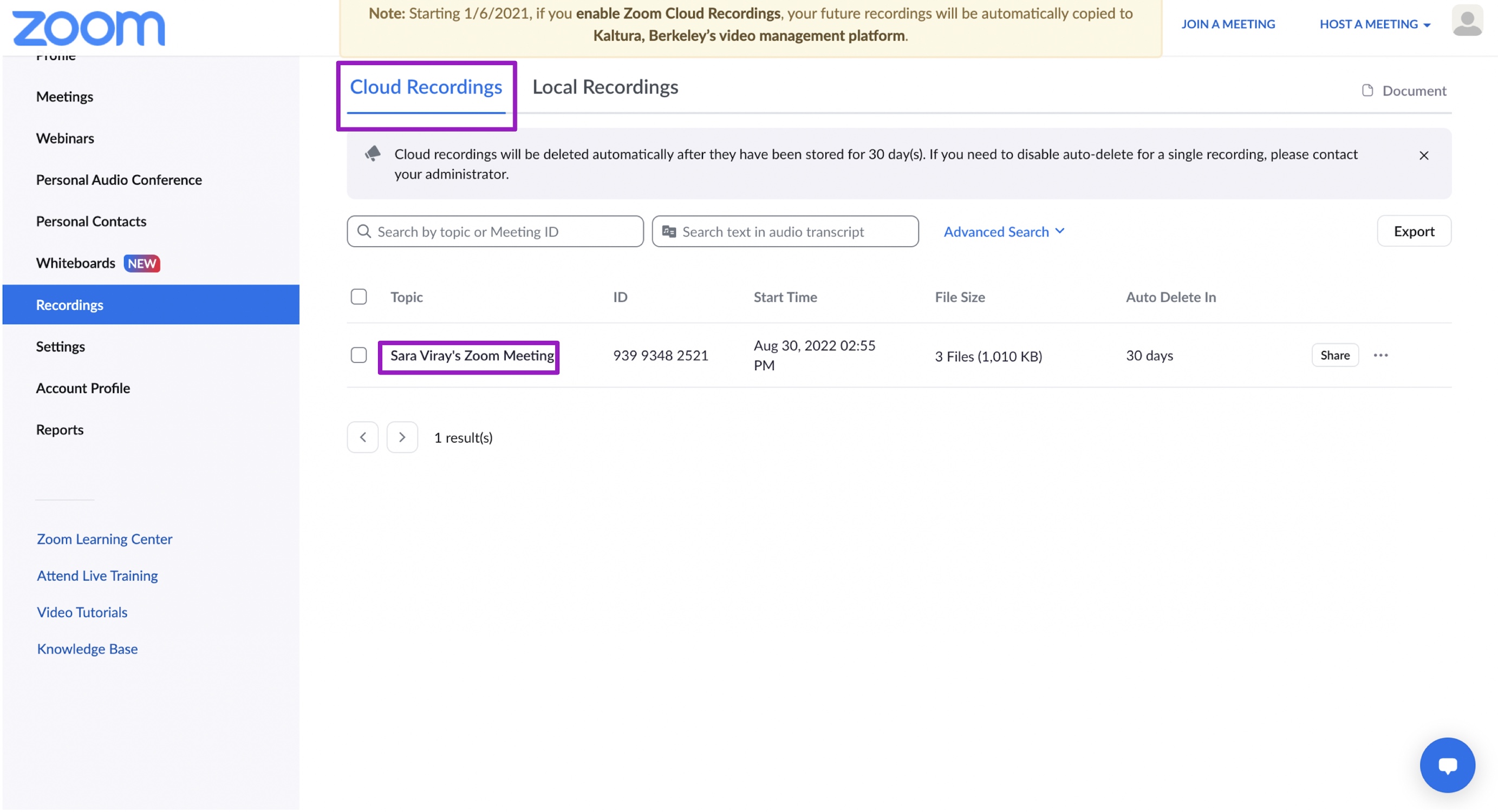 Screenshot of the Zoom Recordings page with the Cloud Recordings tab and recording title highlighted