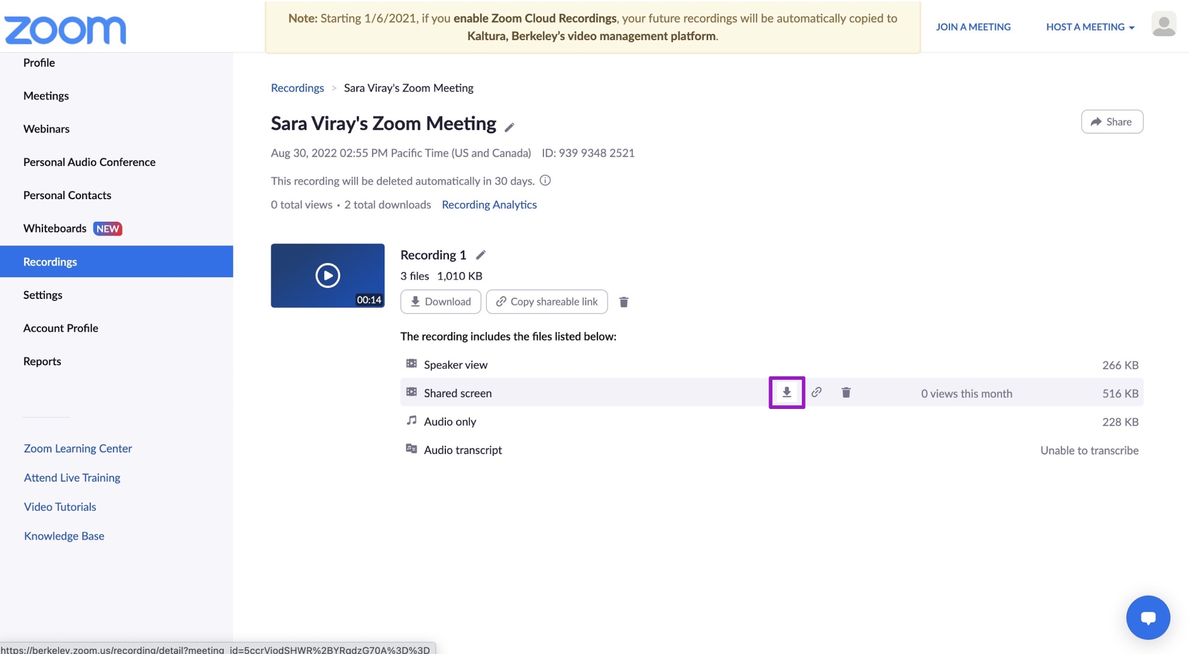 Page for a Zoom meeting recording with download icon next to the Shared screen stream highlighted.