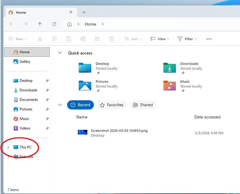 Windows Explorer Screenshot highlighting This PC as the next navigation step