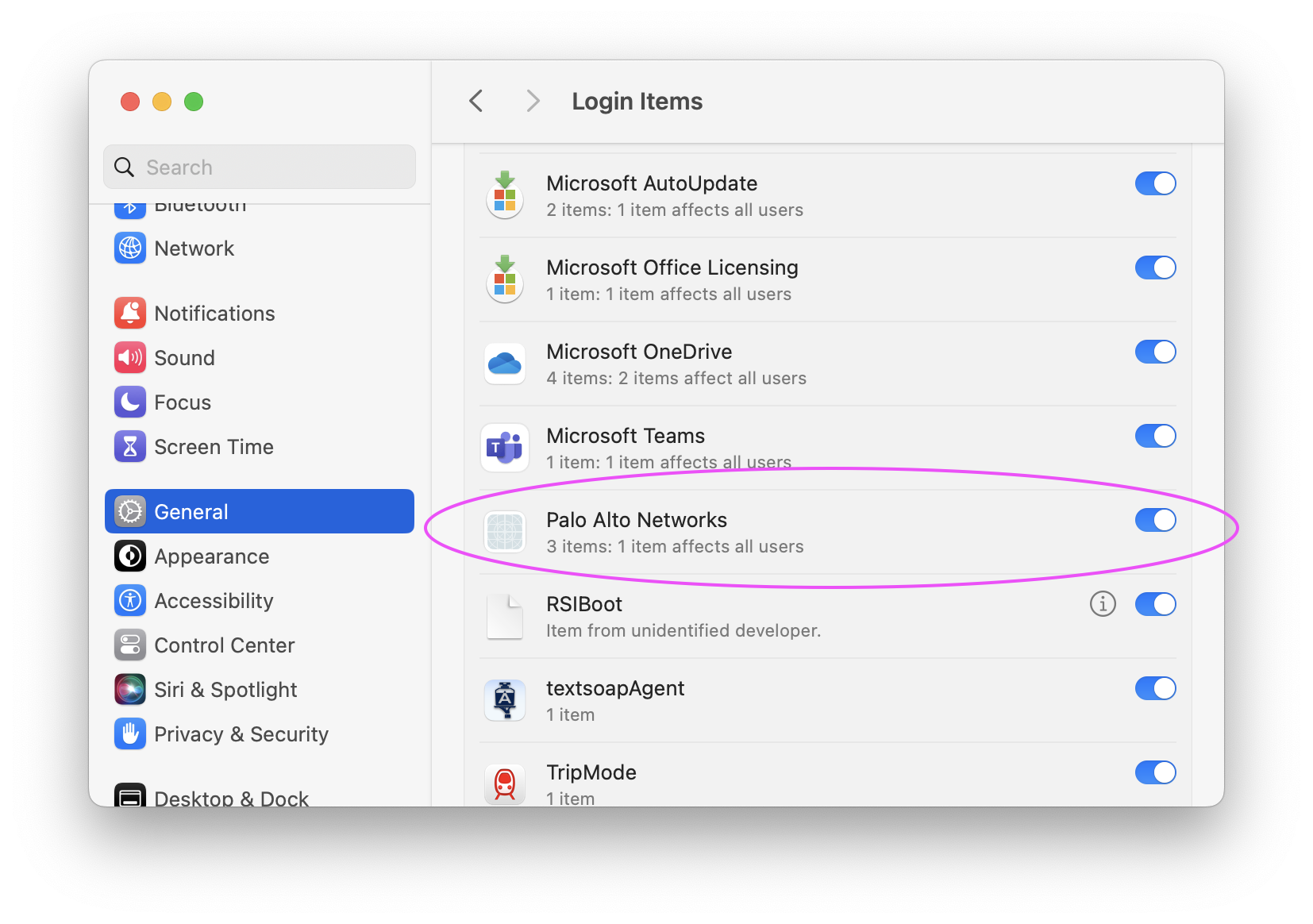 Screenshot of previous System Preferences window after scrolling down to locate Palo Alto Networks indicating it has been selected to allowed to run in the background