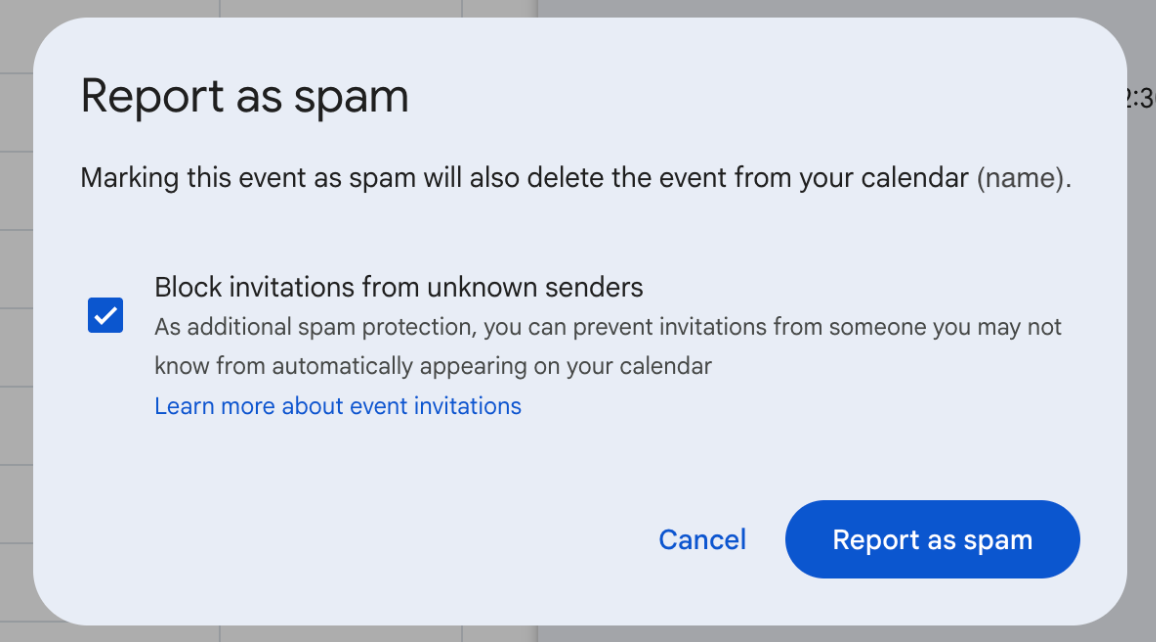 Image: Shows the prompt after you select Report as spam with optional selection to block future invitations from that sender