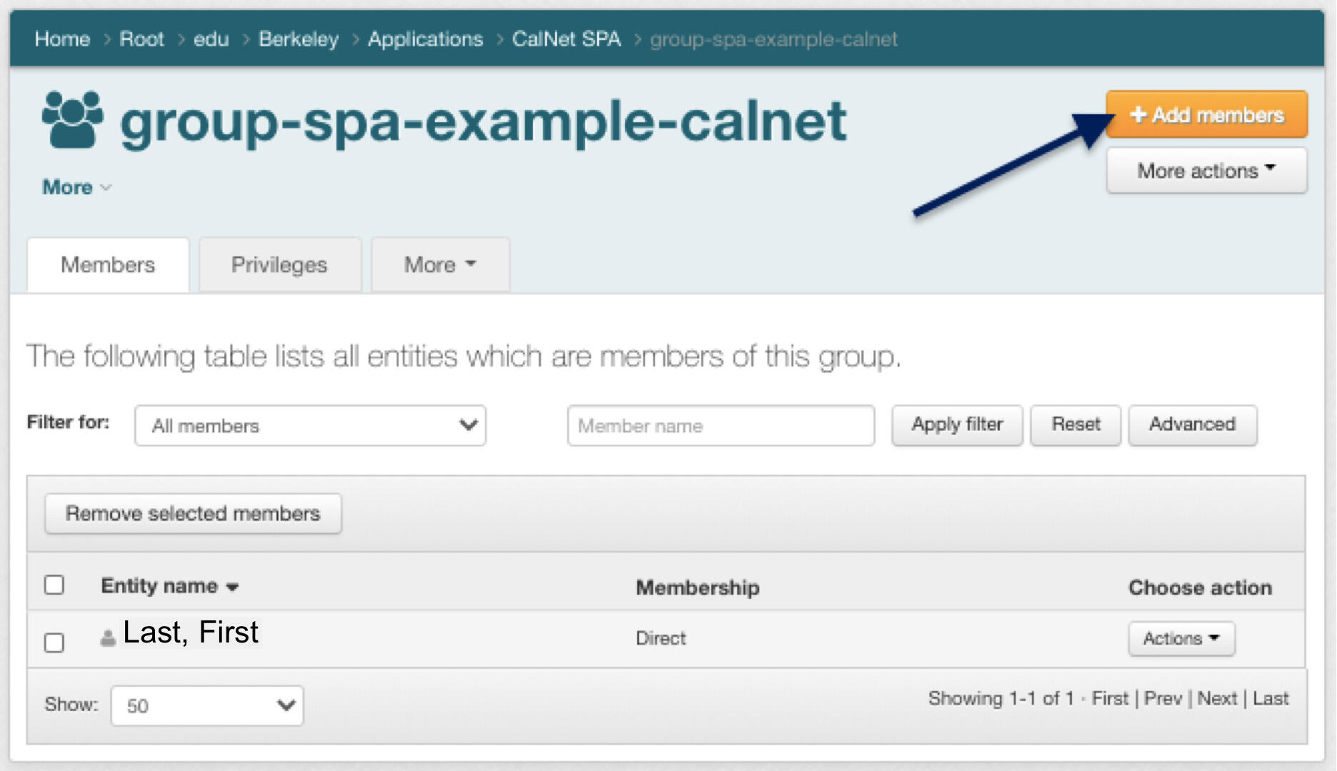 Image of a SPA page in CalGroups with an arrow pointing to "Add Members" button