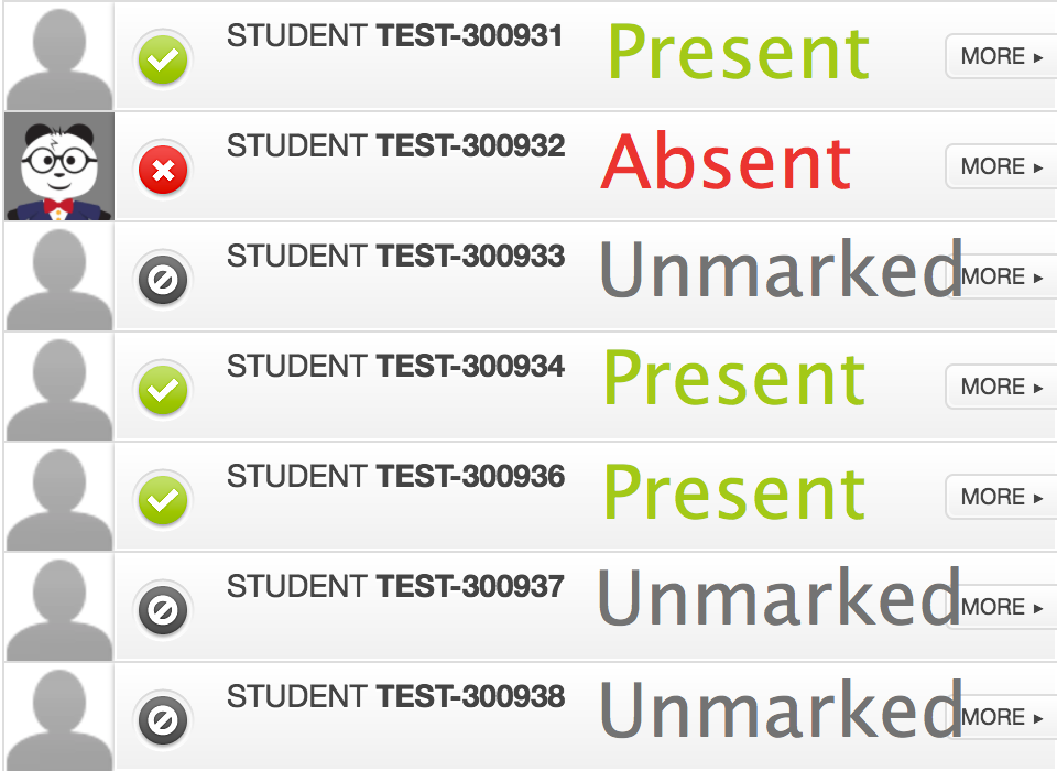 Screenshot of attendance tool with three present, one absent, three unmarked