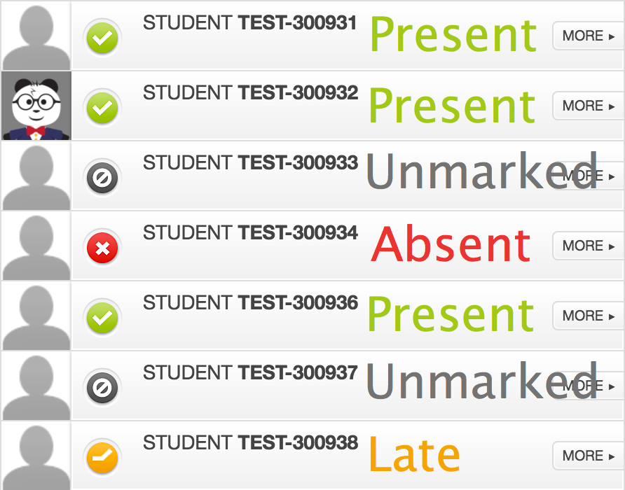 Screenshot of attendance tool with three present, one absent, two unmarked, one late