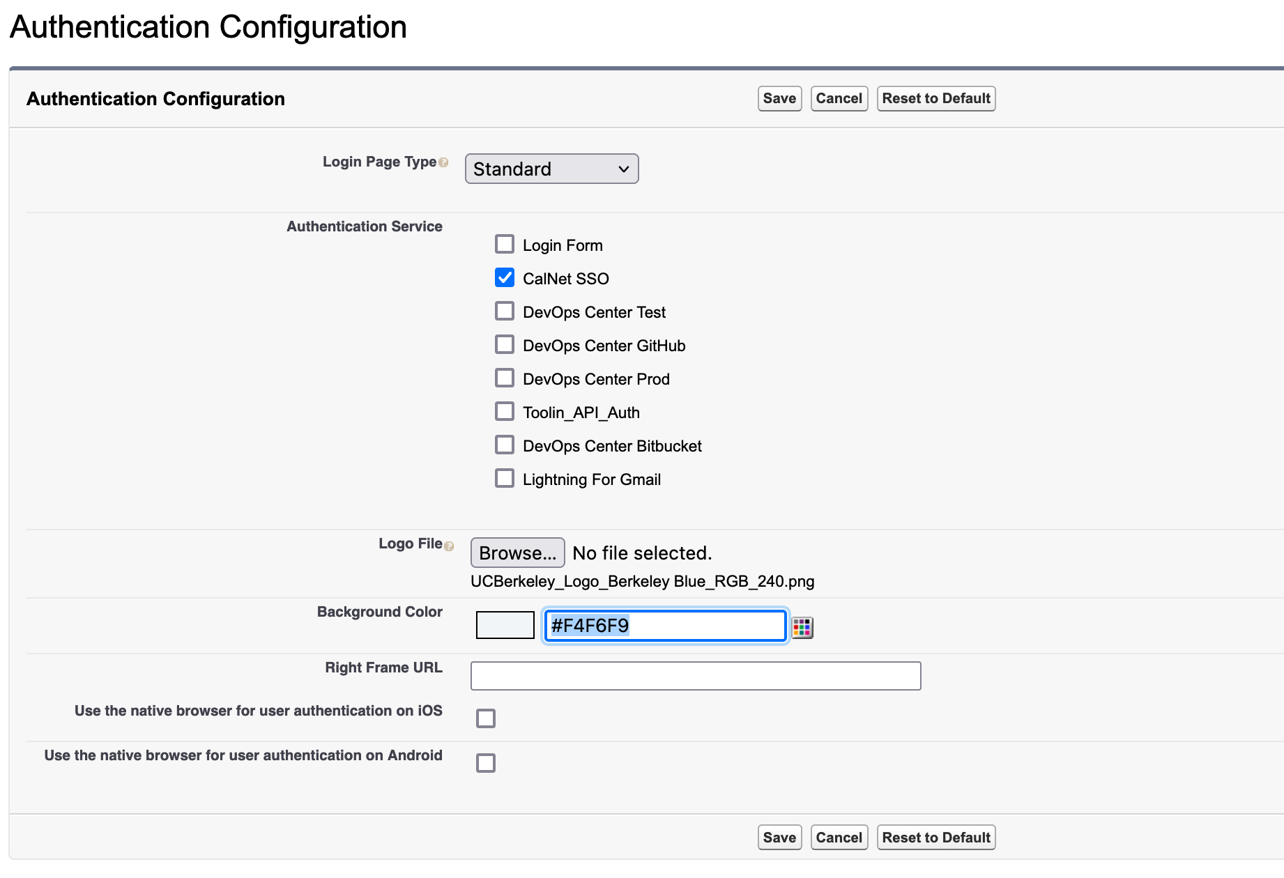 screenshot of the Authentication Configuration page with Login Page Type as "Standard" and box checked for "CalNet SSO"