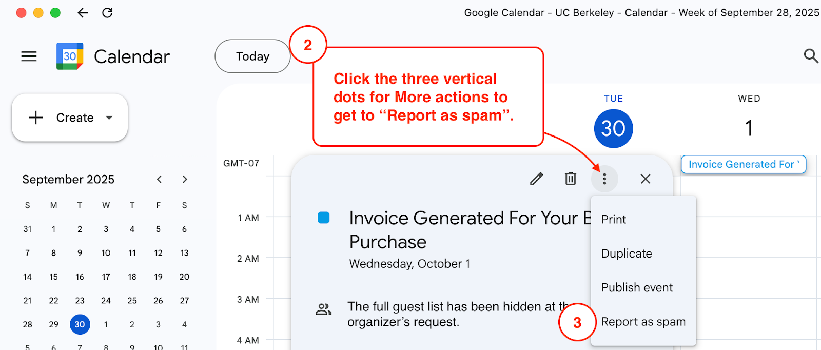 Image: Shows two steps to get to More actions in order to Report as spam