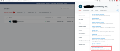 Screenshot of thighlighting the "Reset Master Password" button next to a user's name