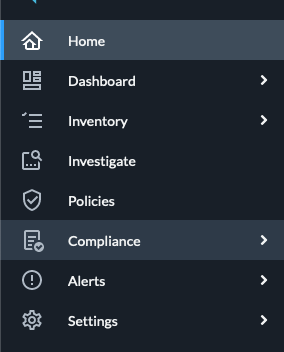 The side menu column in Prisma with the Compliance submenu highlighted.