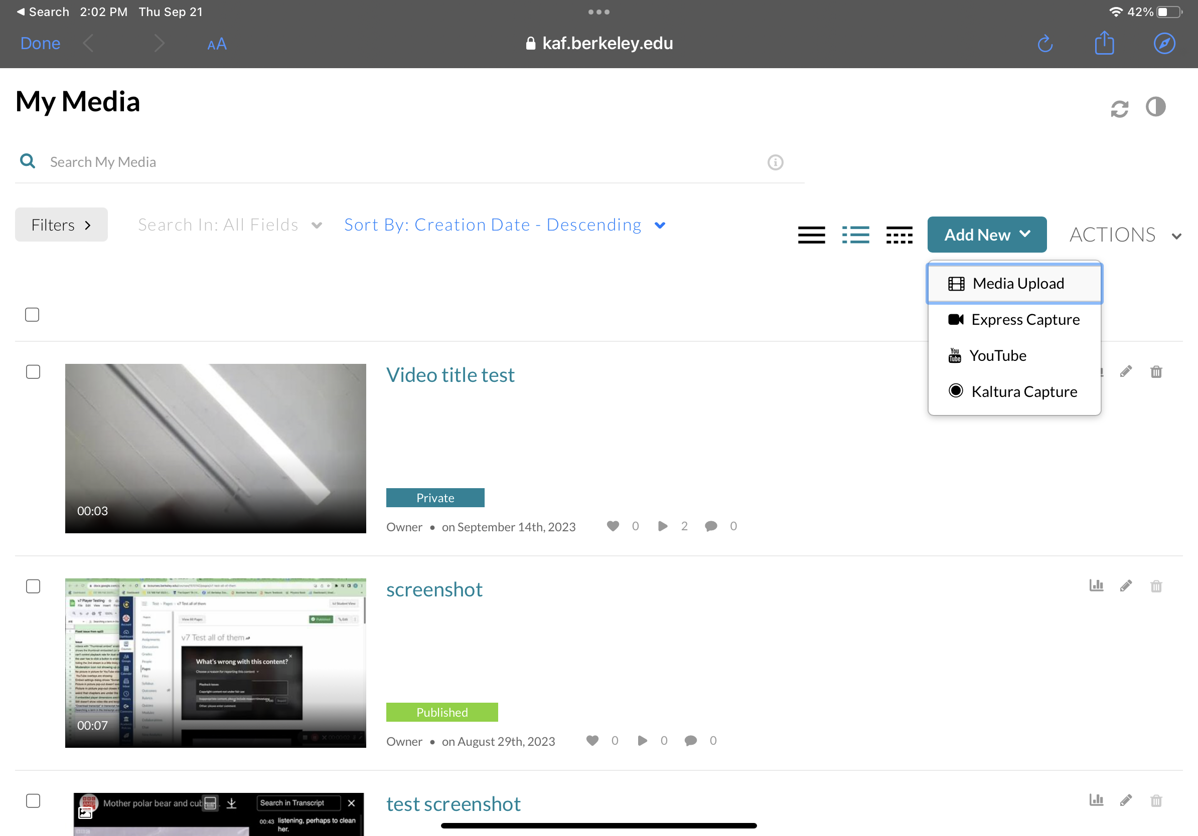 Screenshot of My Media open on an iPad with the Media Upload button in the Add New dropdown menu selected