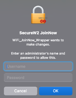 macOS admin approval request for SecureW2_JoinNow