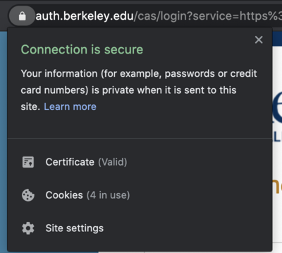 A browser security menu opened from the padlock icon, showing options such as Connection is secure and Certificate is valid