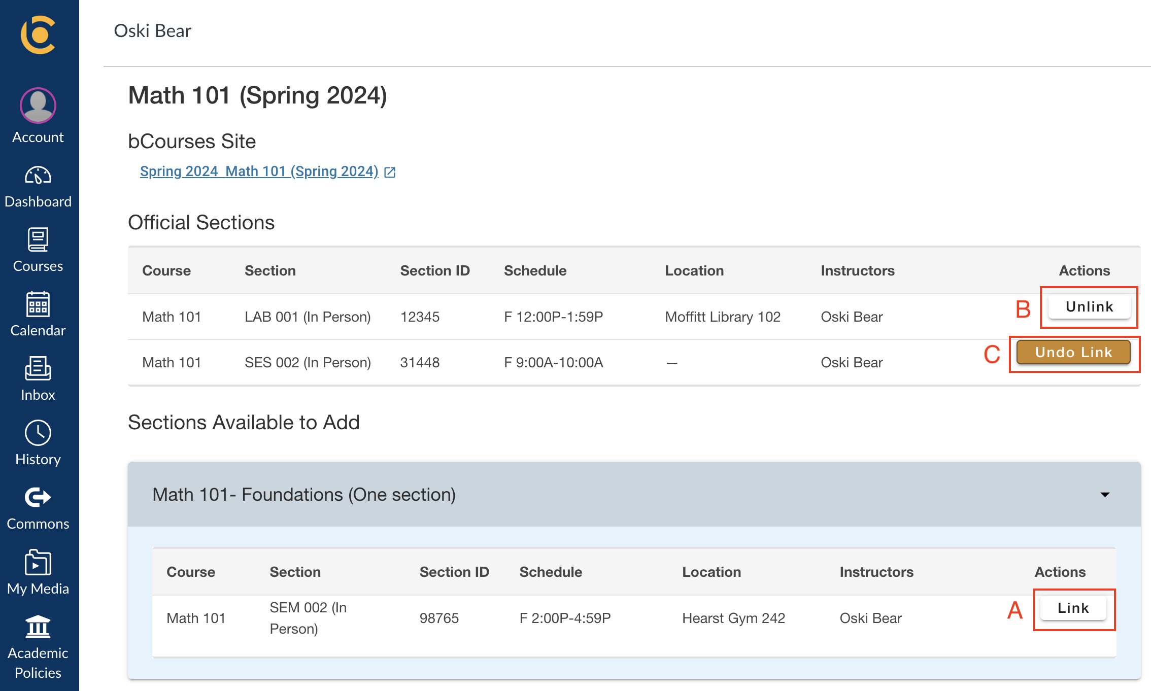 Interface showing how to link and unlink sections from a course site