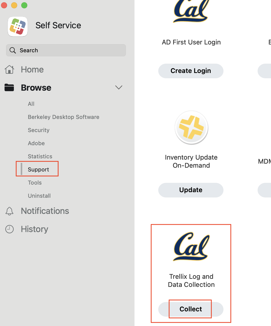 Self Service App Under the Support Subpage with the Cal Trellix Log and Data Collection Button Outlined