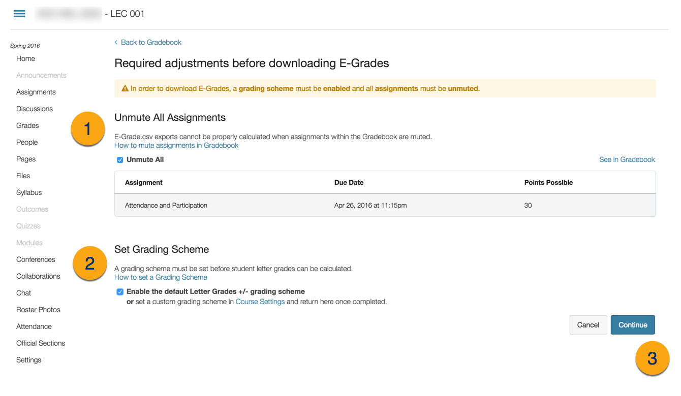 Screenshot of "Required adjustments before downloading E-Grades" screen