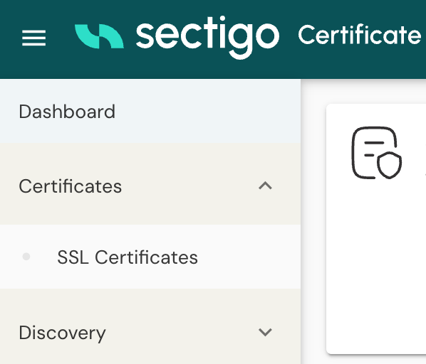 A screenshot of the top left sidebar of the Sectigo Certificate Manager that shows "SSL Certificates"