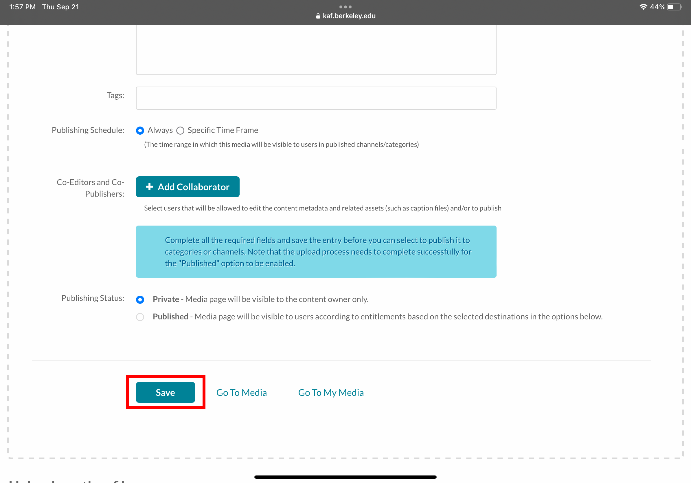 Screenshot of the "Upload Media" page with the "Save" button highlighted