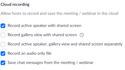 Screenshot of Zoom Cloud recording settings with "Record active speaker with shared screen" selected.