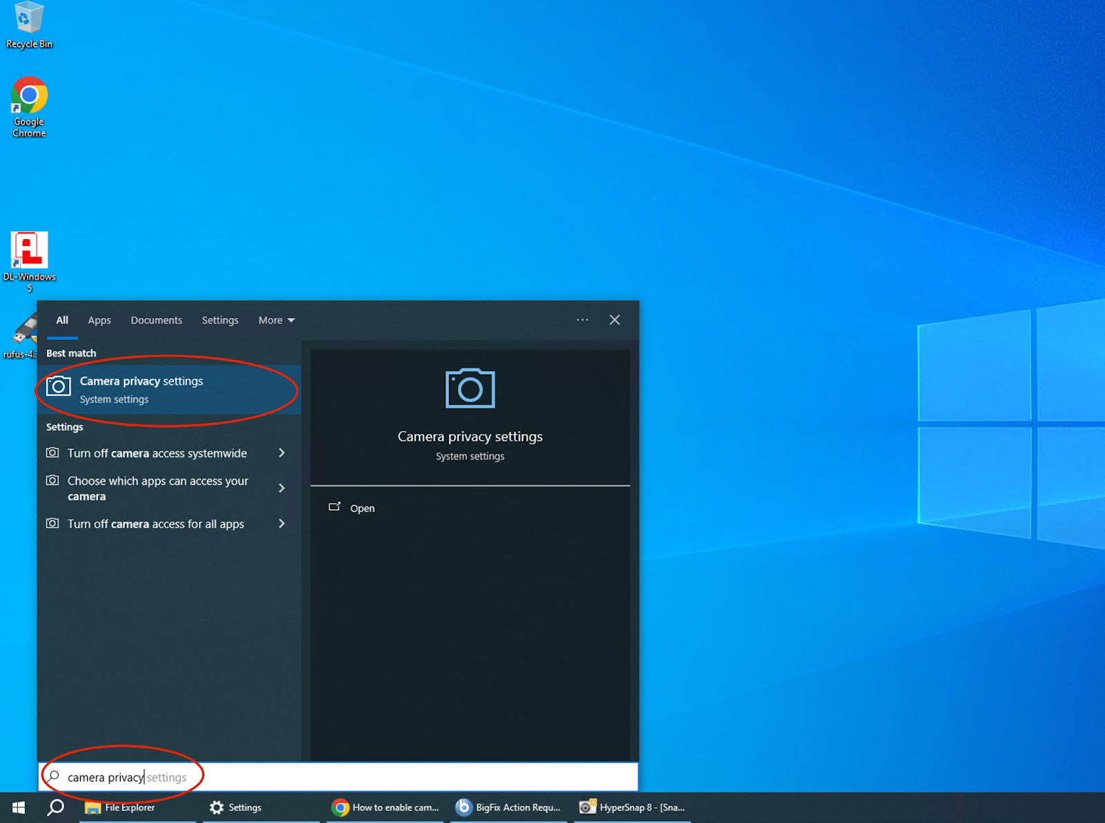 Privacy Settings Search Screenshot Screenshot highlighting Windows Start Menu search function and Camera Privacy Settings application