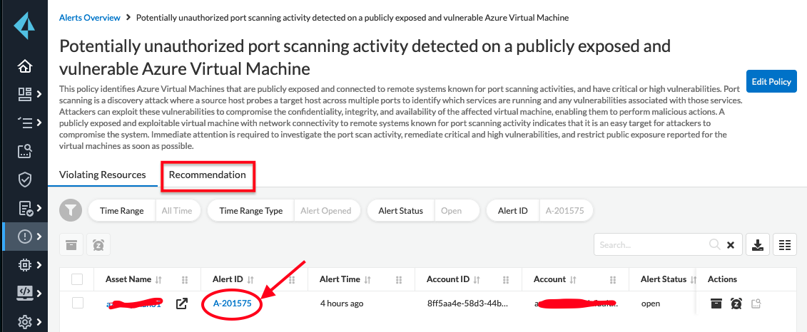 The specific alert page with the Alert ID circled.