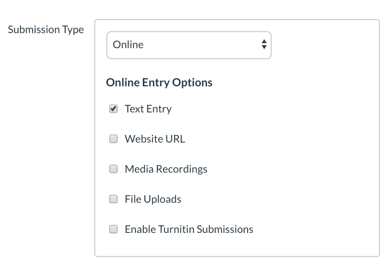 Quiz Submission Type options with Text Entry checkbox selected