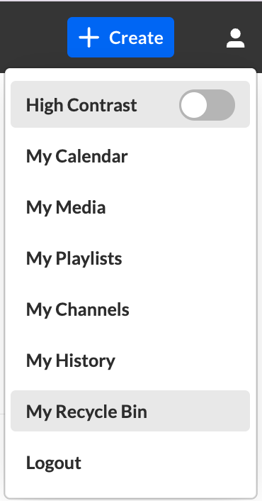 Screenshot of user menu with "My recycle bin" selected