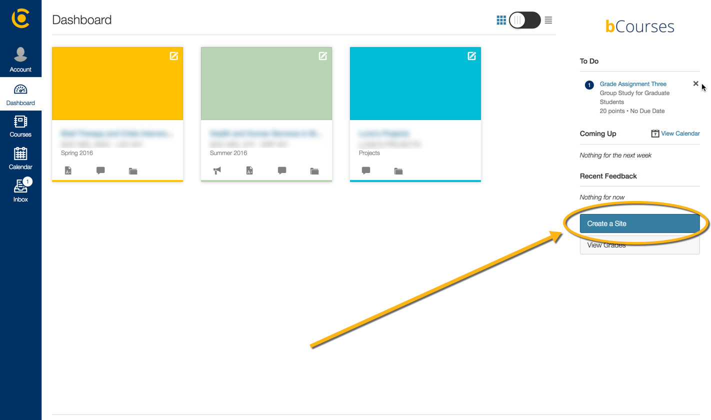 Screenshot of bCourses Dashboard with Create a Site link