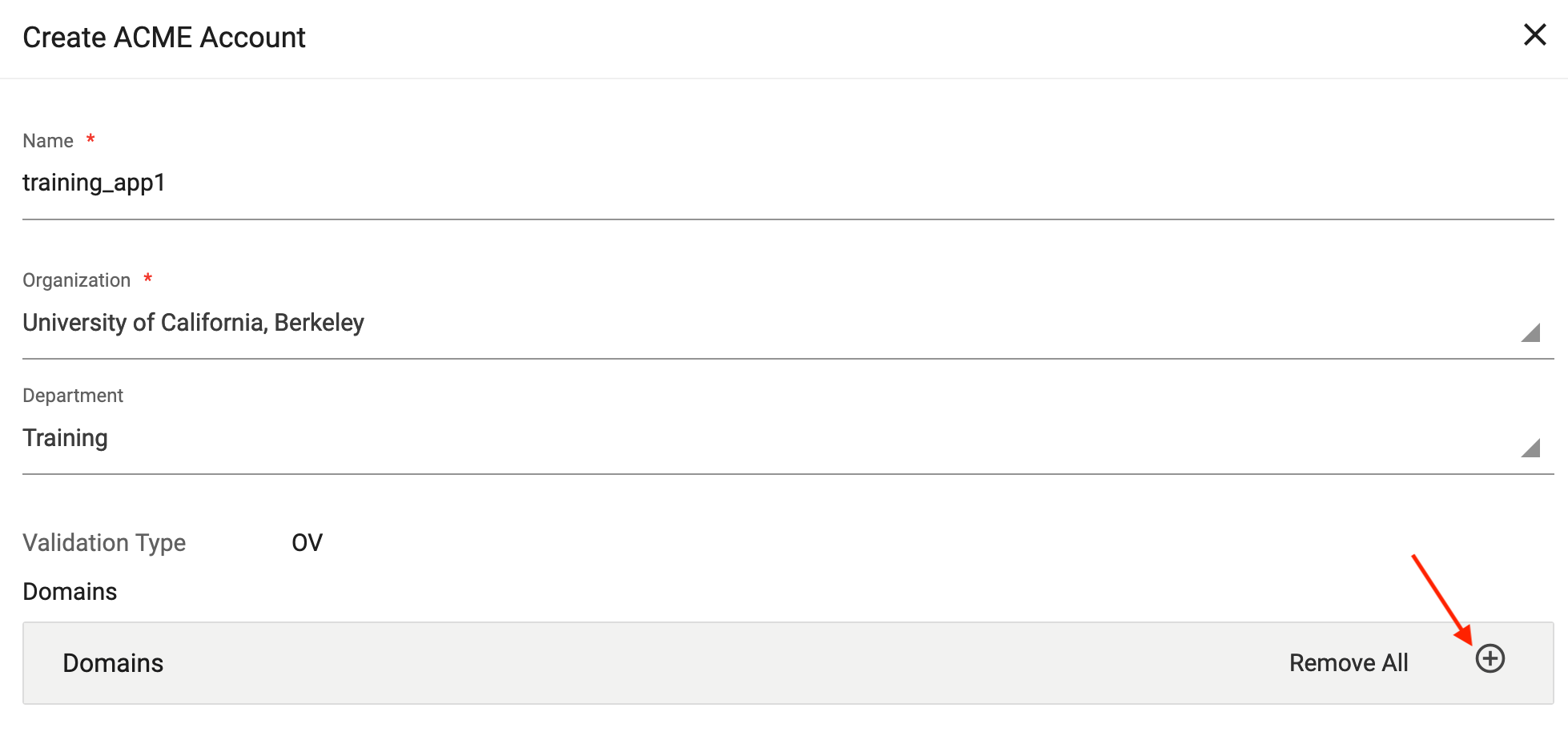 Screenshot of ACME account with arrow pointing to the plus button next to domains