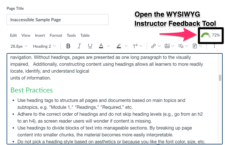 A sample bCourses Page after selecting the Edit button.  A red arrow points to a green Ally icon with a 72% score at the top of the page.  Select this icon to open the Ally WYSIWYG Instructor Feedback Tool dashboard.