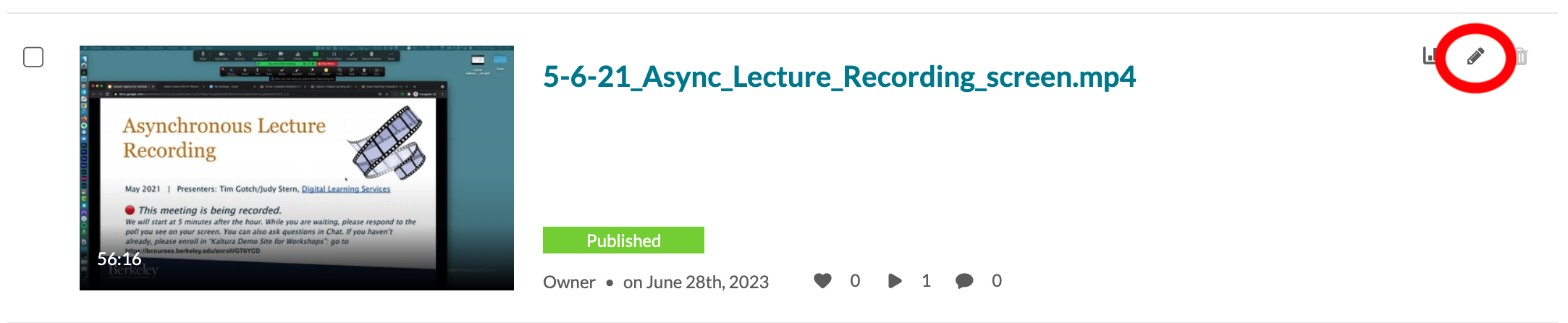 Screenshot of a My Media video entry with the edit icon circled. 