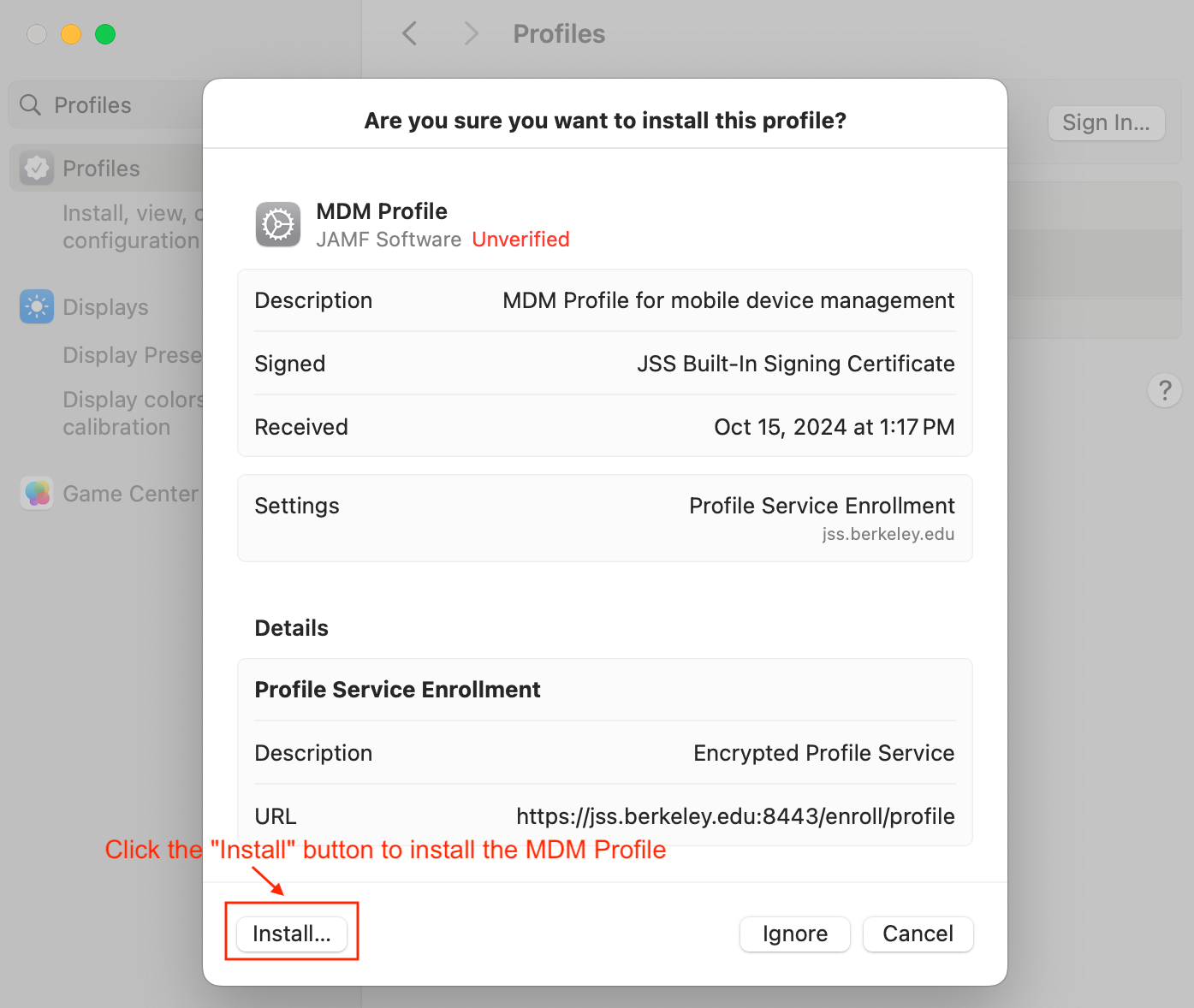 MDM profile download pop up with Install button boxed red