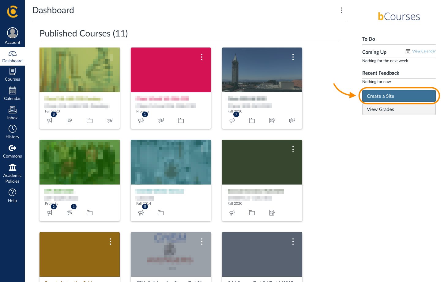 Screenshot of bCourses Dashboard with Create a Site button highlighted