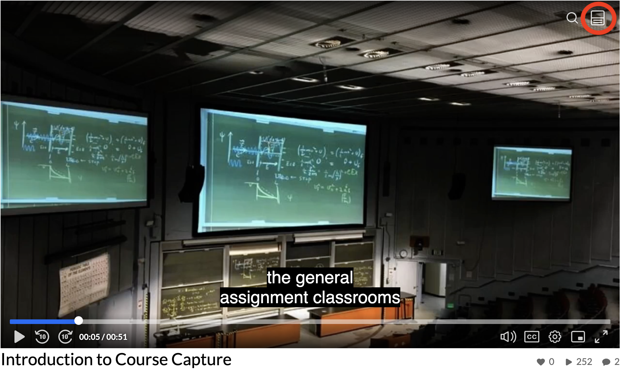 Screenshot of the video player with the Show transcript button circled.