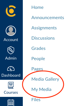 Screenshot of the bCourses site navigation with the Media Gallery and My Media tabs circled.