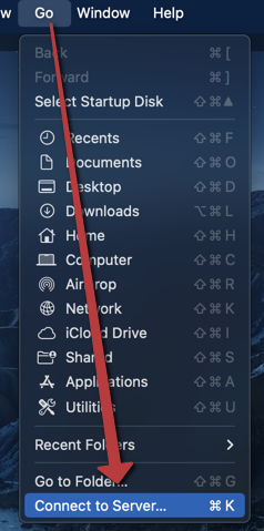 Image of Finder 'Go' menu with a red arrow pointing to the 'Connect to Server...' option at the bottom.