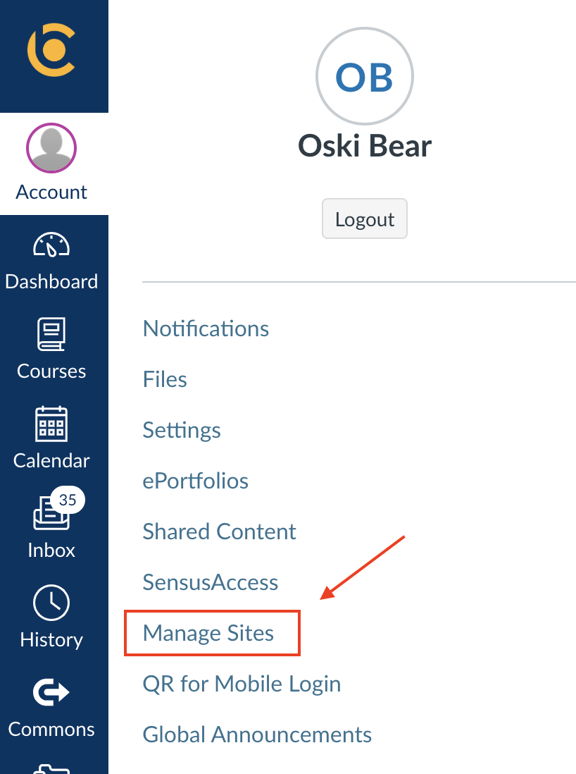 User Menu with "Manage Sites" highlighted