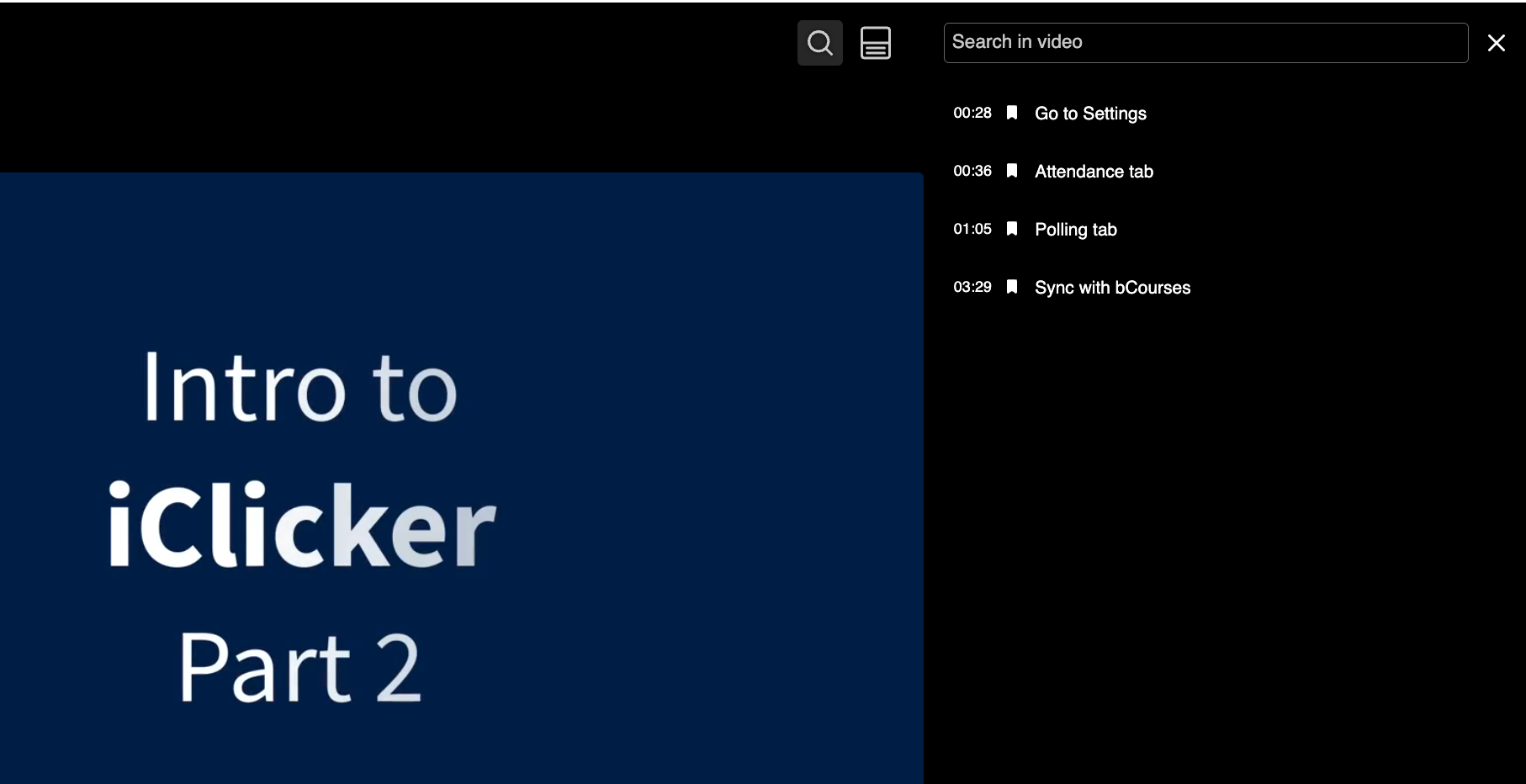 Window showing title "Intro to iClicker Part 2",  navigation panel open on right, listing 4 chapters