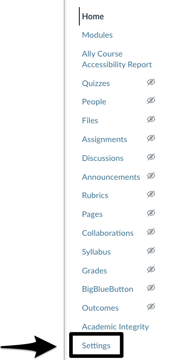 The Course navigation menu with an arrow pointing to the Settings option.
