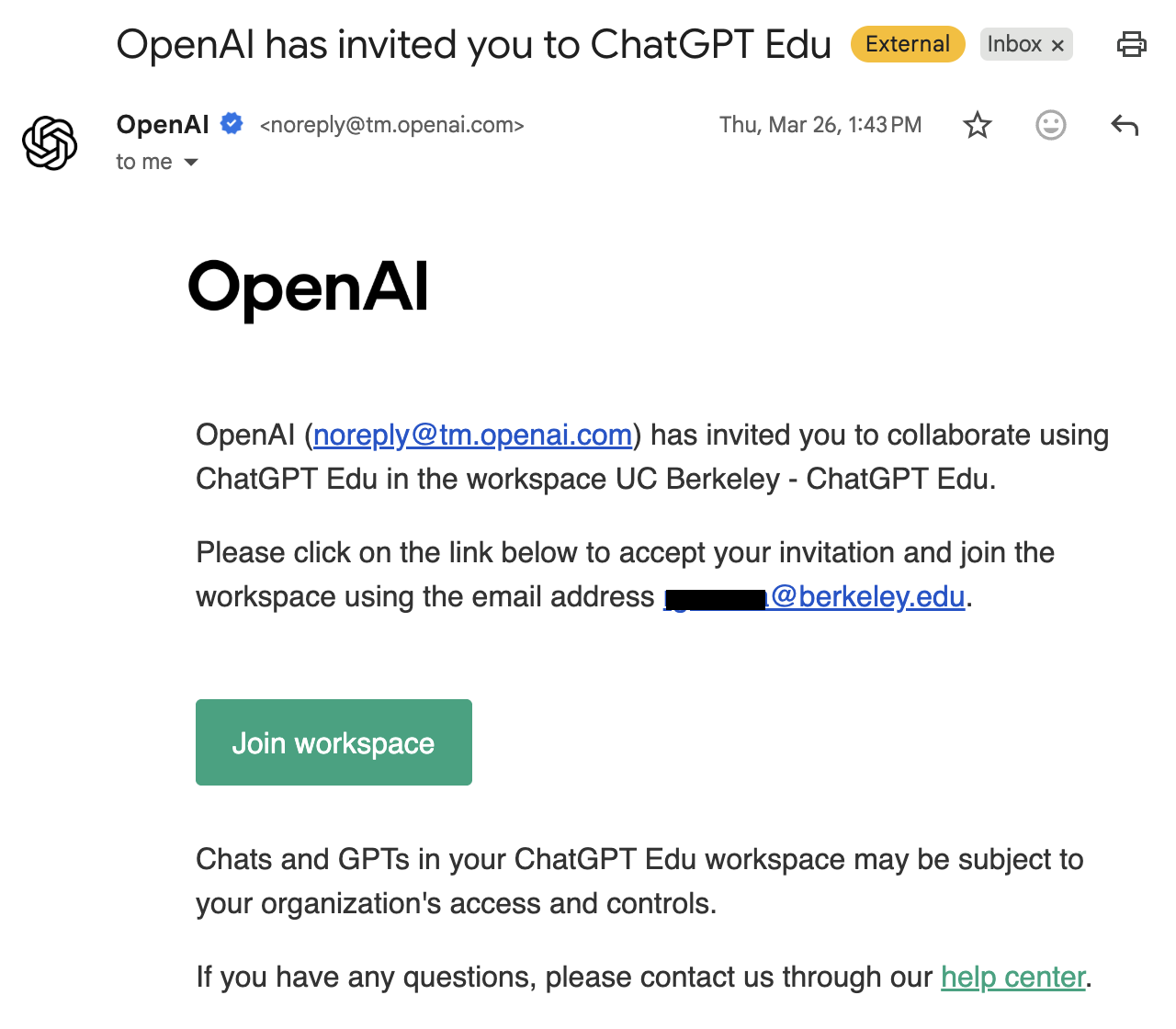 Invite from OpenAI with a green "Join Workspace" button