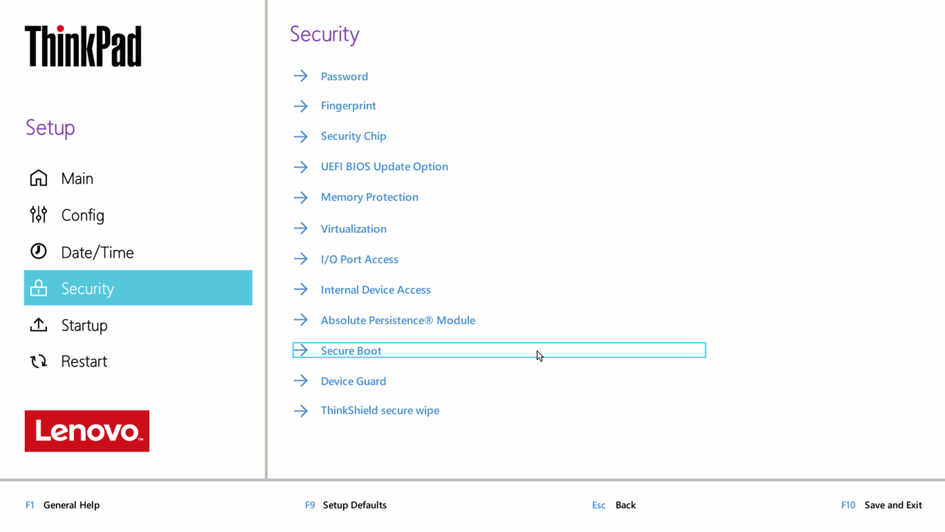 BIOS setup menu. Click secure boot