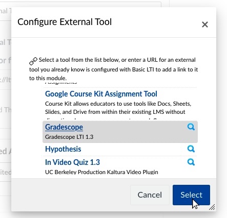 A screenshot of the dialogue box "Configure External Tool" in the bCourses assignment settings
