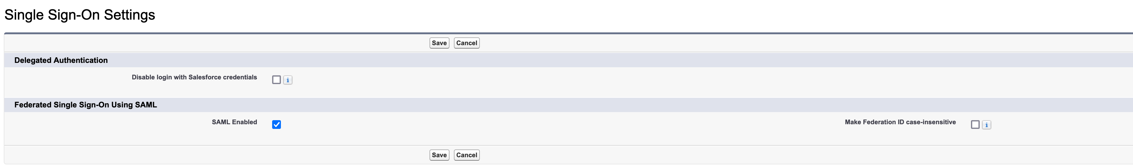 screenshot of the Single Sign-On Settings page with SAML Enabled checked