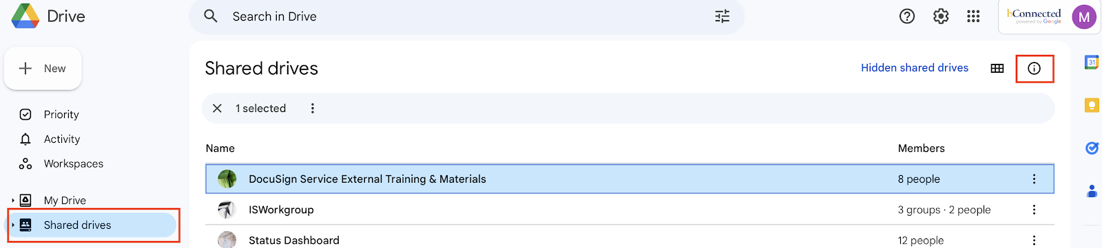 a screenshot of the google drive interface with a red box drawn around the info icon in the top right corner and a red box drawn around shared drives in the left sidebar