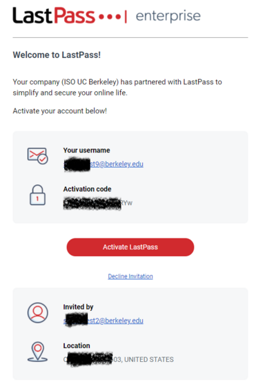 A screenshot of an email invitation from LastPass with a large red button labeled "Activate LastPass" and text containing an activation code.