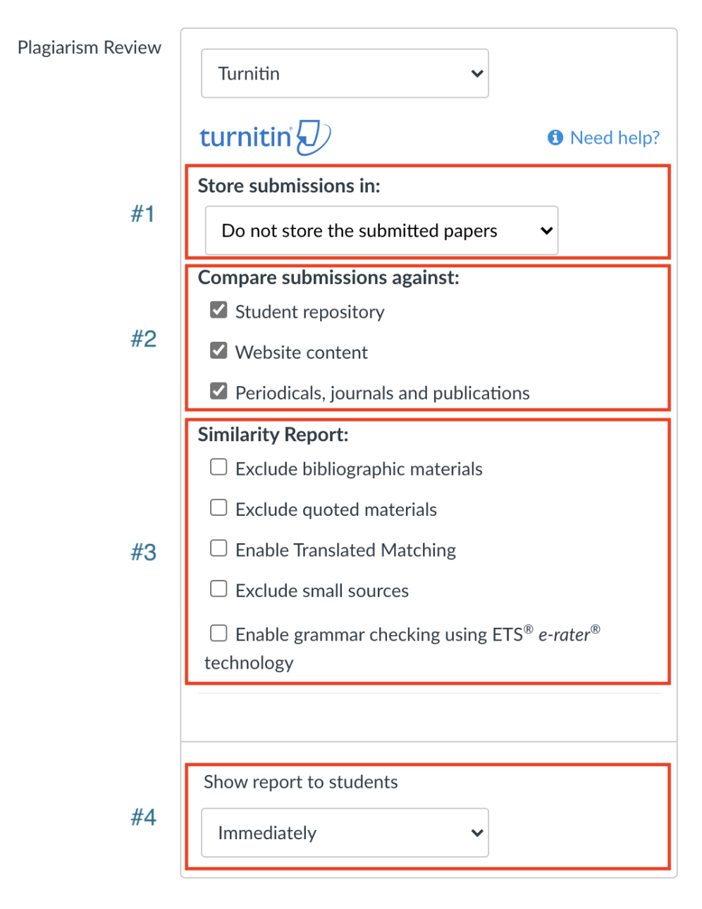 Interface for configuring Turnititn plagiarism review settings with four annotated sections.