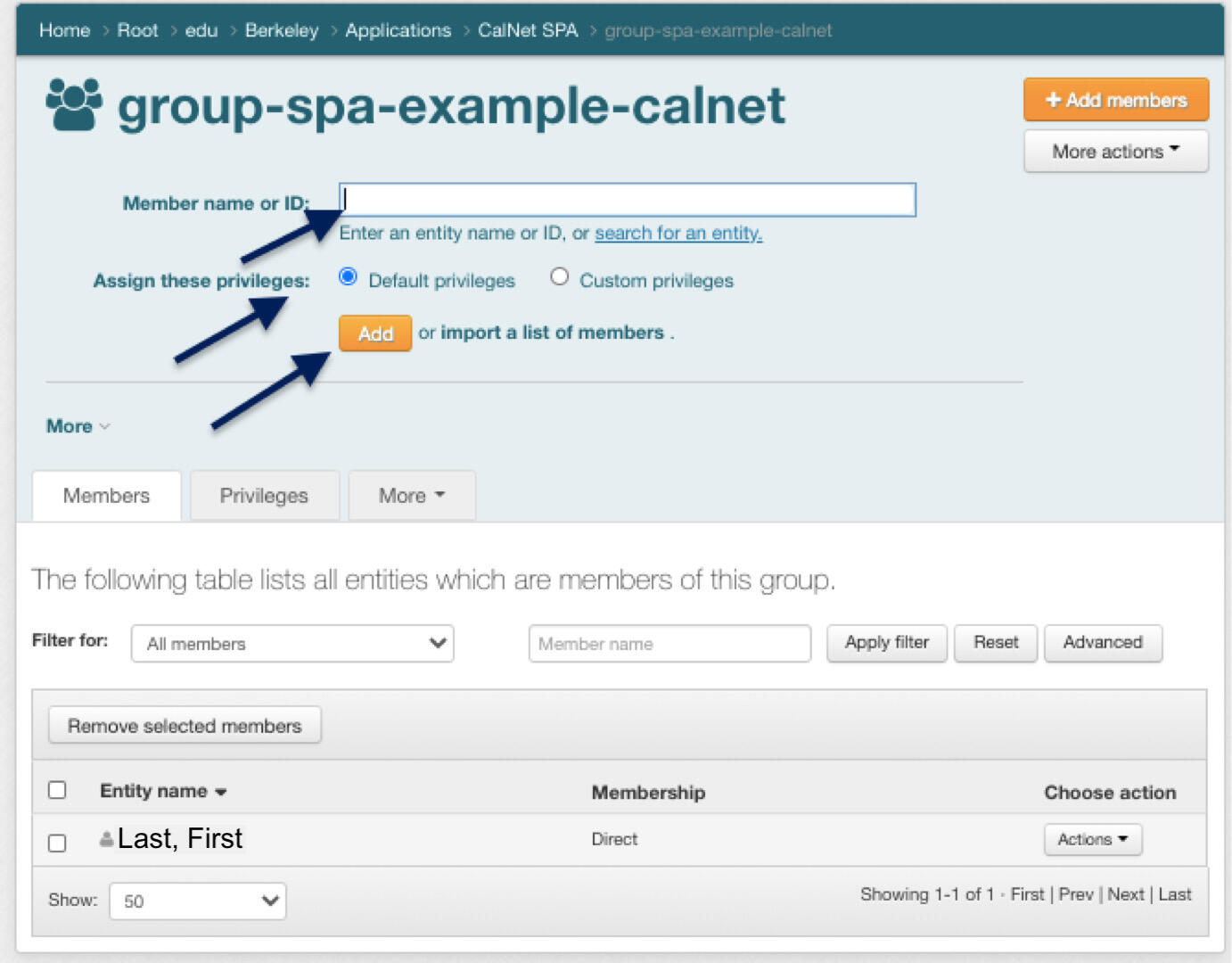 Image of a SPA page in CalGroups with an arrow pointing to the text box next to "member name or ID", the "default privileges" button selected, and an arrow to the orange "add" button