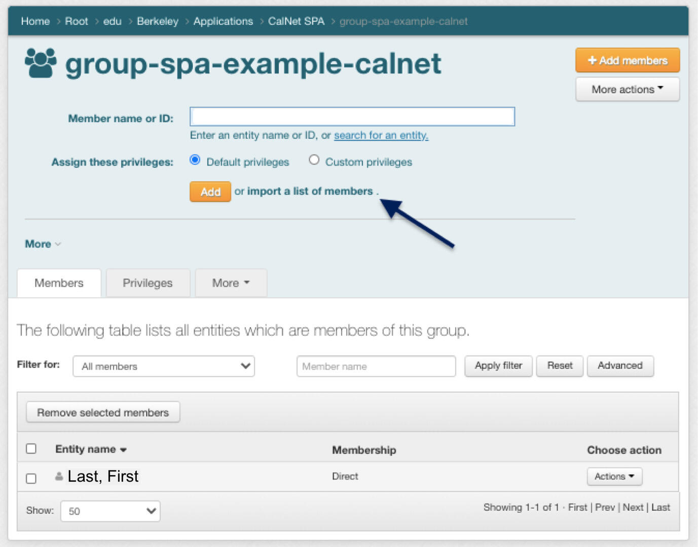 Image of a SPA page in CalGroups with an arrow pointing to "import a list of members"