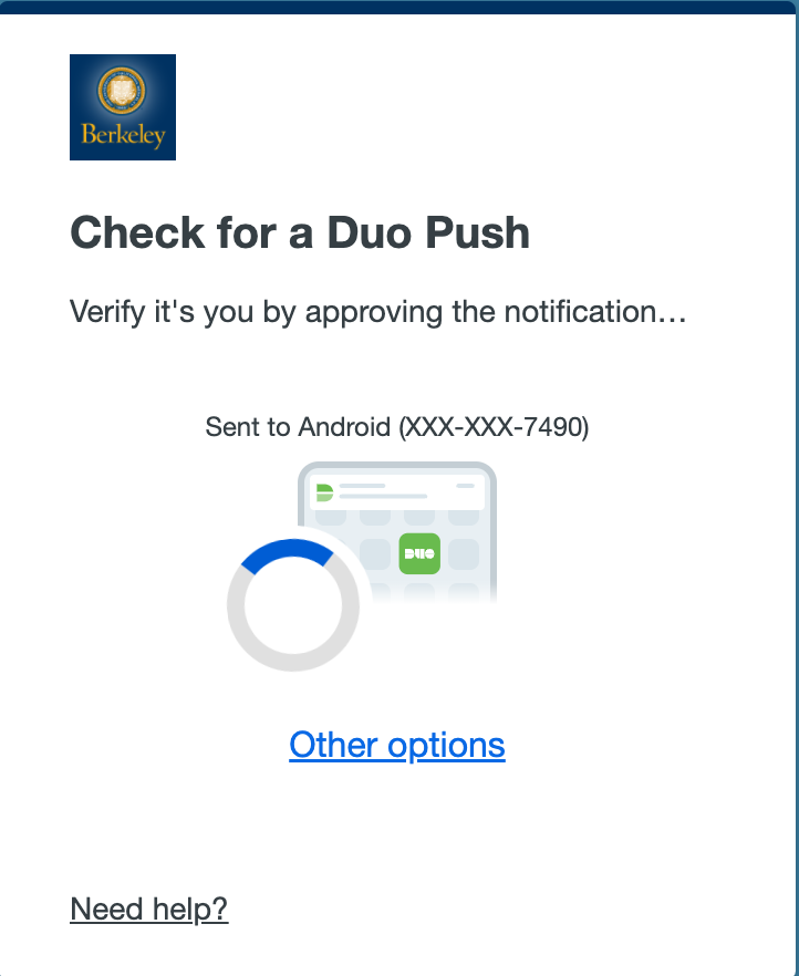 Screenshot of Duo screen sending a push, with "other options" button at bottom of page