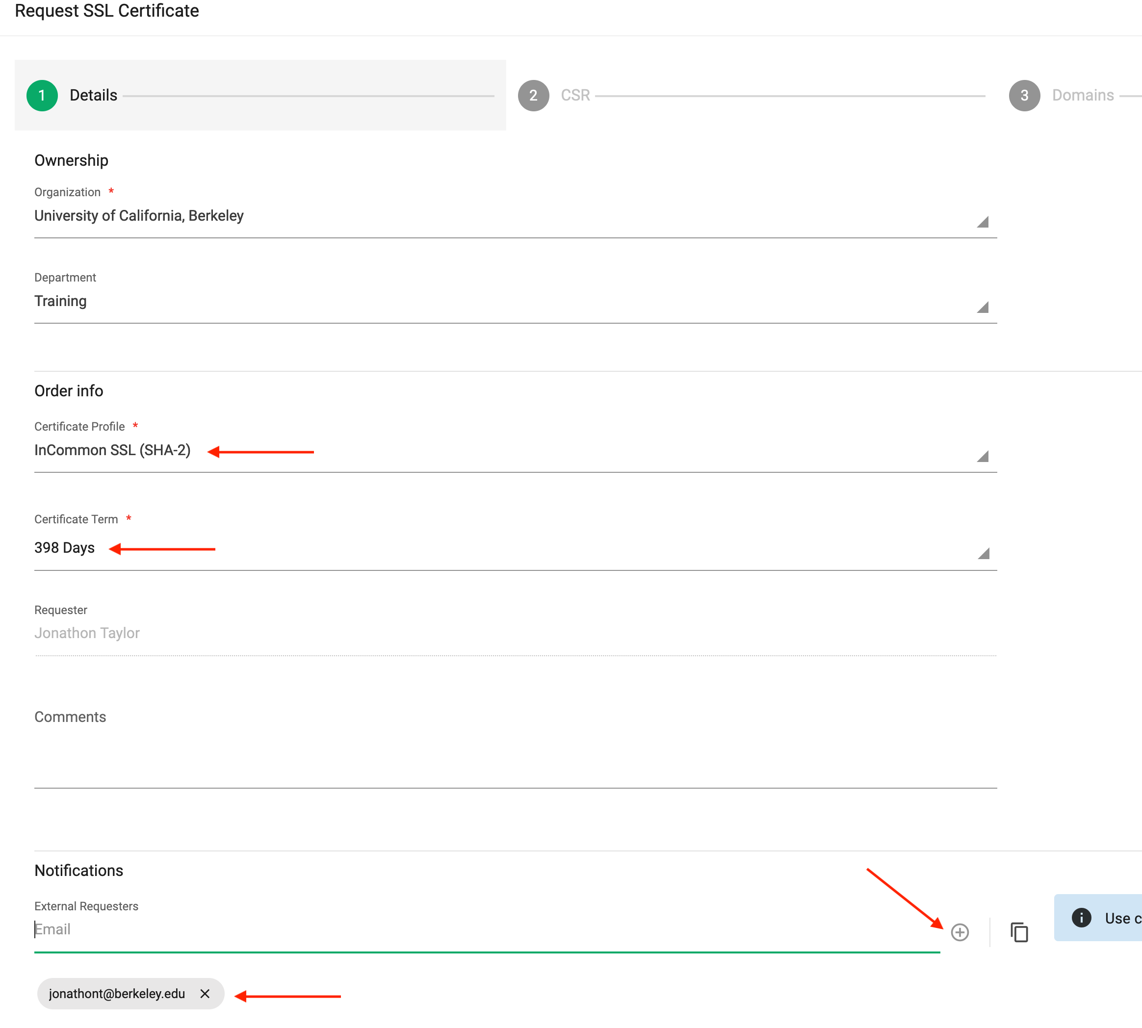 Screenshot of Certificate Request page with fields filled in and red arrows pointing at customized field properties
